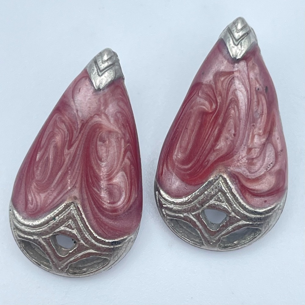 Vintage 90s Pink Swirl Enamel Teardrop Silver Tone Stud Earrings Women's Jewelry